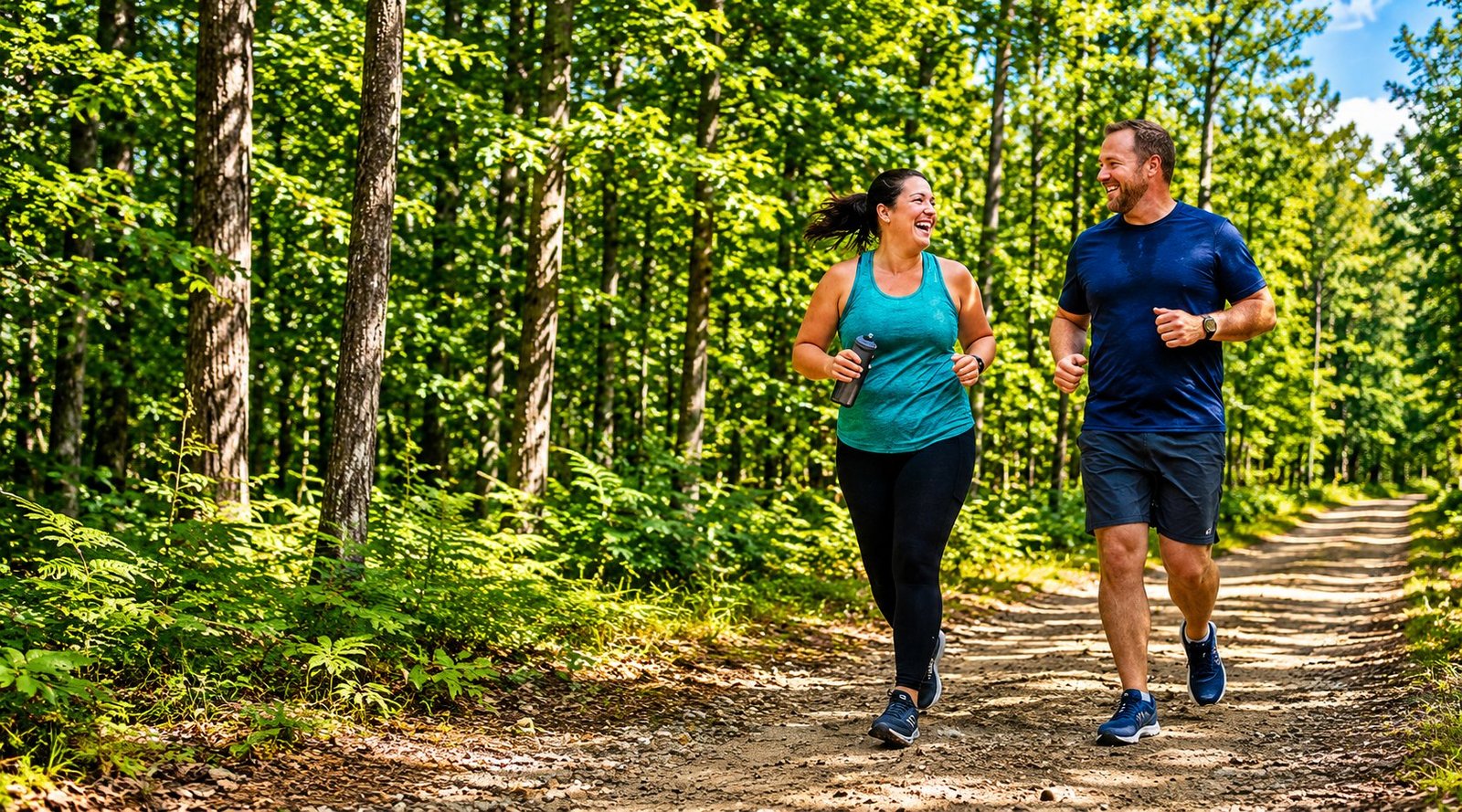 Couple jogging on forest trail