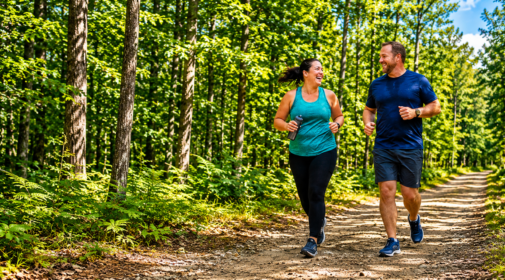 Couple jogging on forest trail